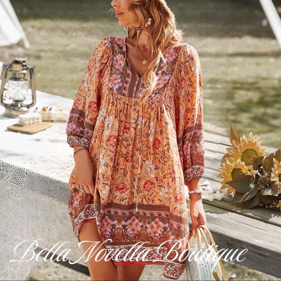 Boho Orange & Pink Floral V-Neck Peasant Dress - Picture 2 of 6